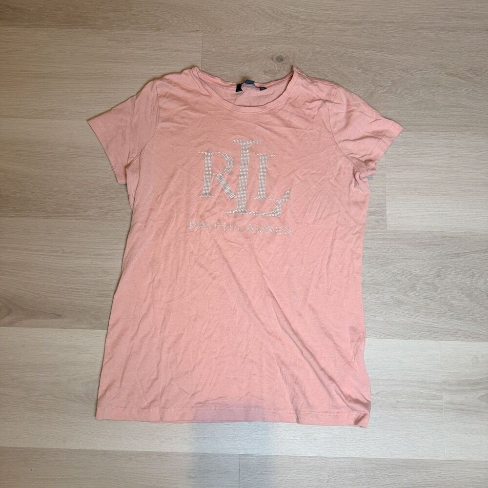 Lauren Ralph RL T-Shirt Womens S Pink Crew Neck Short Sleeve Rhinestone